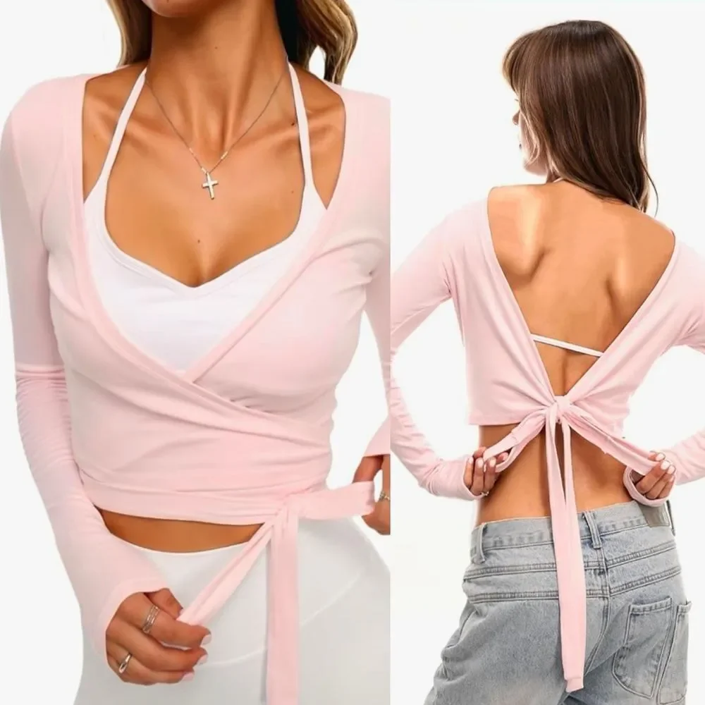 ☔️🔸️🅰️NWT Pink Reversible Crisscross Tie Long Sleeve Top Medium